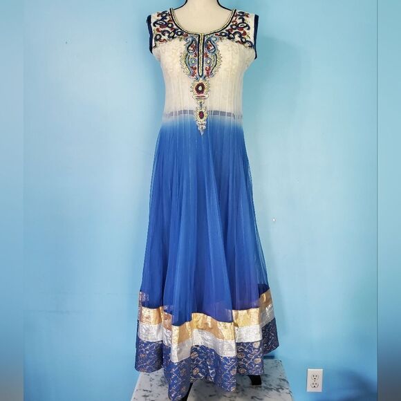 Soft Touch Indian Blue/White Ombré Embroidered Beaded Traditional Anarkali Dress - Picture 1 of 12